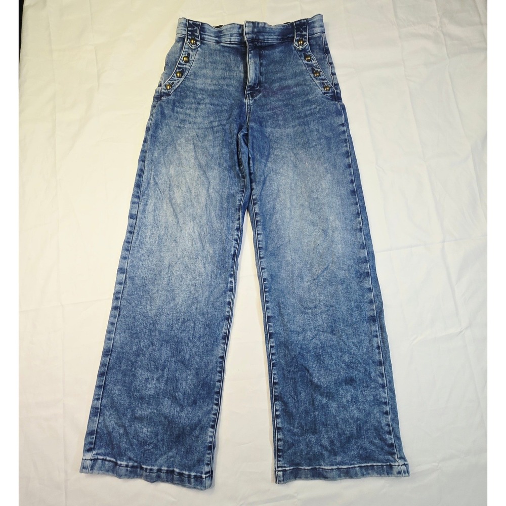 St Johns Bay Womens Sailor Wide Leg Jeans 10P Blue High Rise Button Front H94